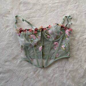 SHEIN Mesh Corset Top Floral Embroidery Sage Green Medium Fairy Coquette